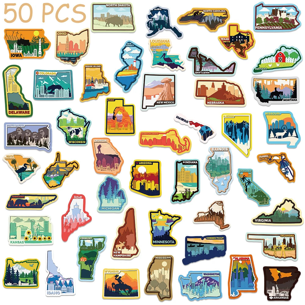 50pcs Various Continents In America Stickers Decals For Phone Laptop Luggage Skateboard Scrapbook Cartoon Aesthetic Stickers