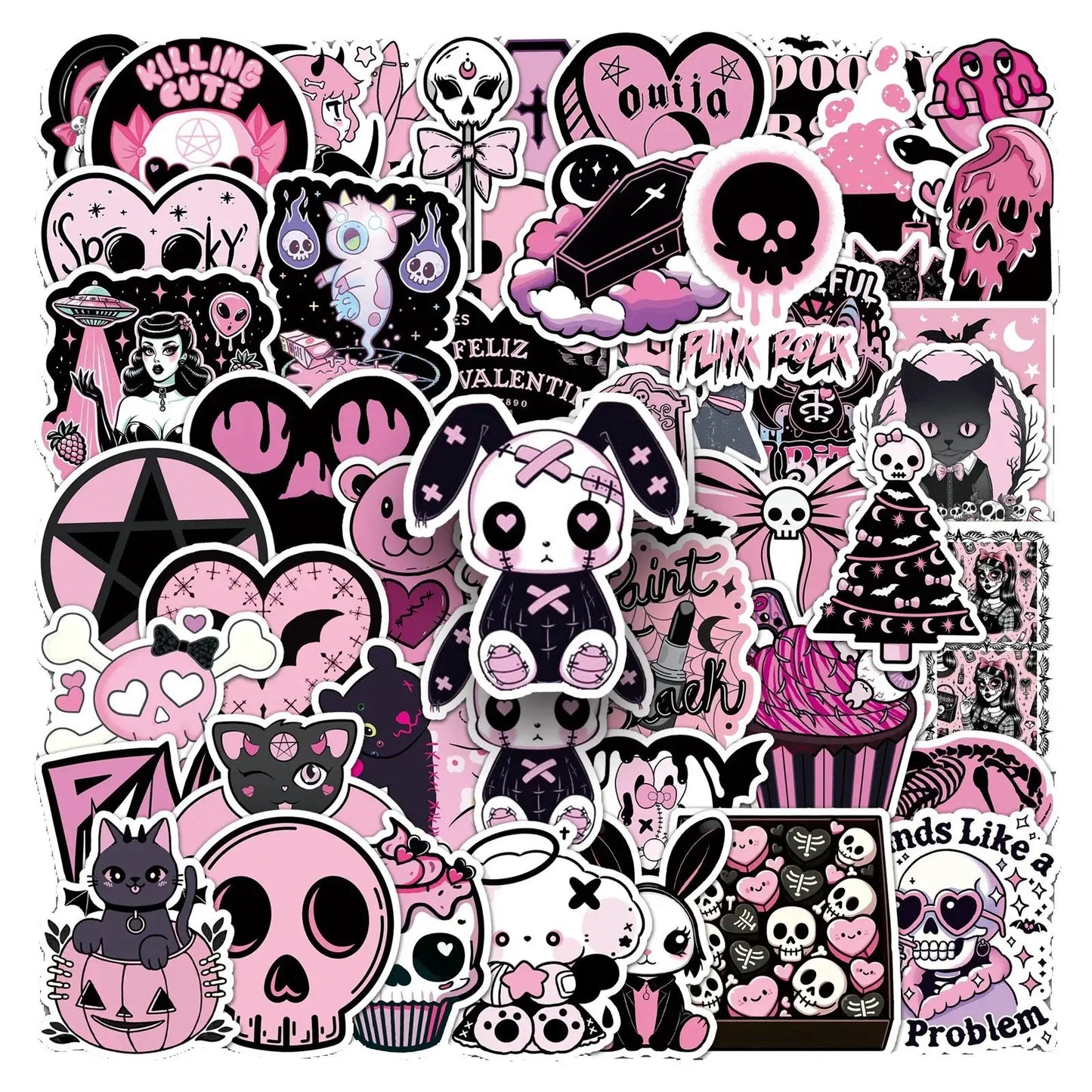 50PCS Cute Pink Halloween Stickers: Ghost, Skull, Pumpkin
