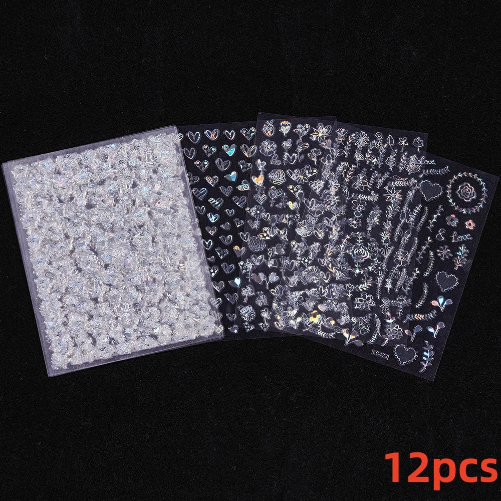 12pcs 3D Laser Nail Stickers: Gold Silver Geometric Decals