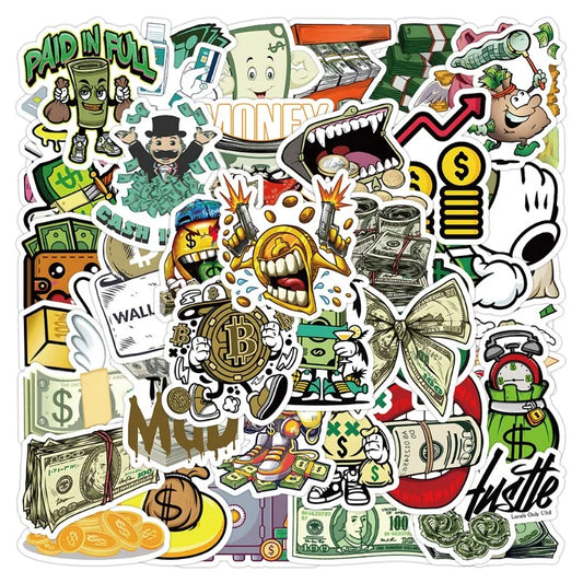 50pcs Money Currency Graffiti Stickers for Laptop, Phone, Car, Scooter, Water Bottle, Suitcase, Stationery, Refrigerator