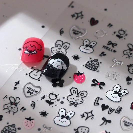Dog Rabbit Nail Art Stickers: Bunny, Heart, Strawberry Decals