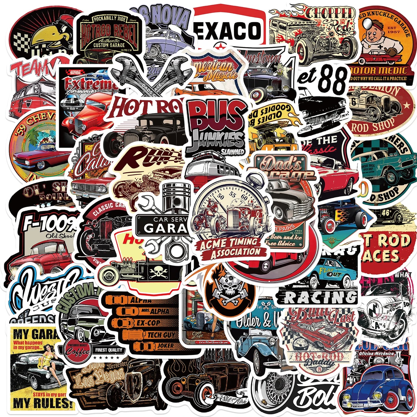 50PCS Cartoon Retro Classic Car Sticker Graffiti Waterproof Creative Trendy For Skateboard Water Cup Personalized Decal Stickers