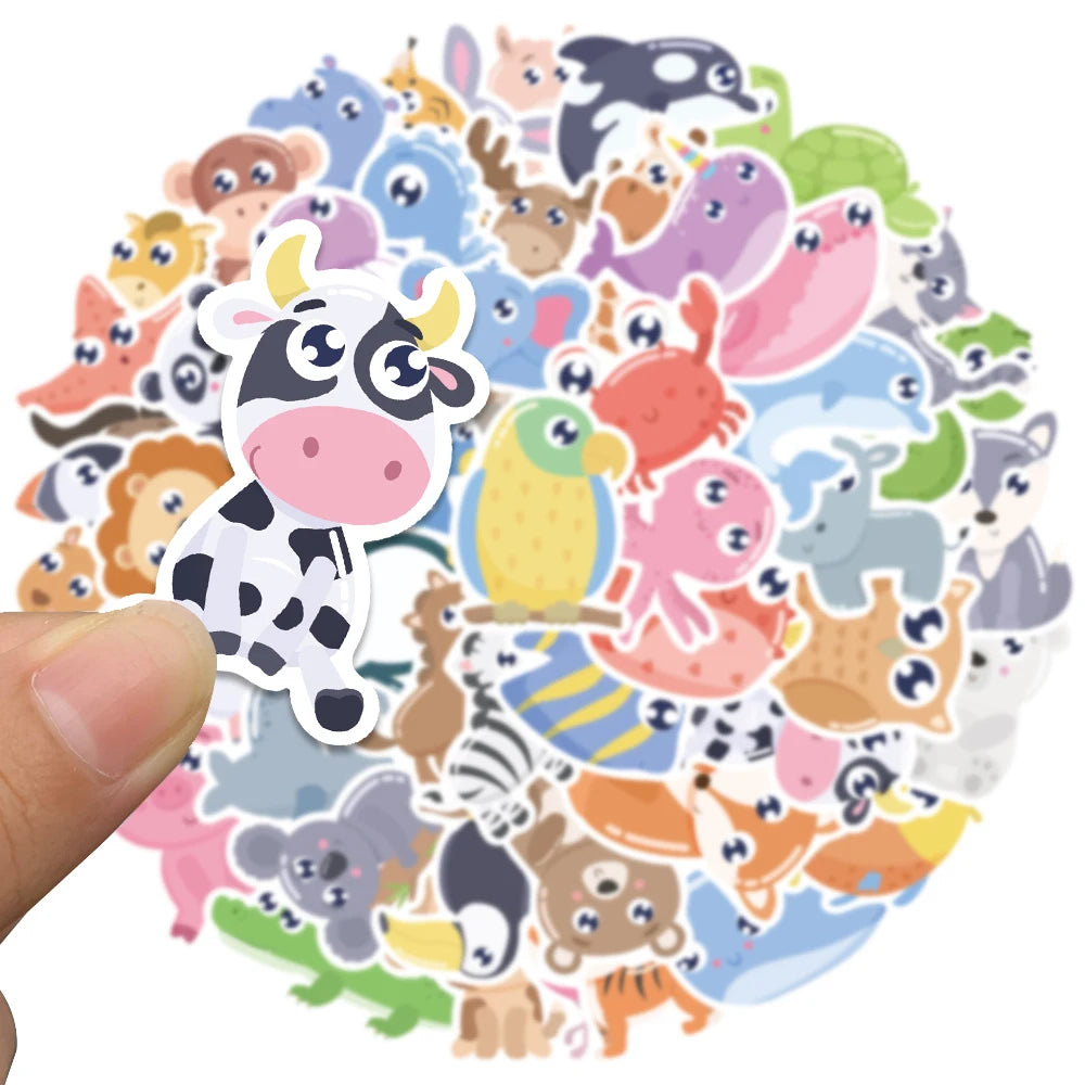 52pcs Cute Cartoon Animals Stickers For Laptop Guitar Luggage Skateboard DIY Waterproof Graffiti Bicycle Car Decals Kids Toy