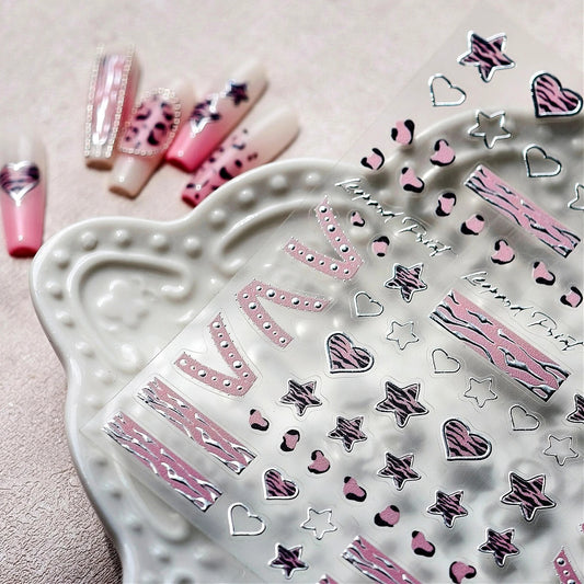 Pink Leopard Heart Star Nail Stickers 5D Decals Wholesale