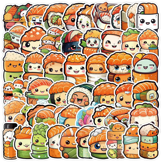 50pcs Kawaii Sushi Cartoon Stickers for Helmet, Wall, DIY Decoration