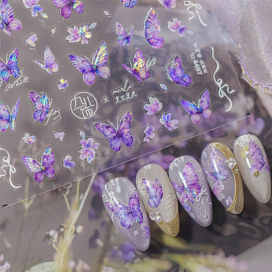 Purple Butterfly Nail Art Stickers - Laser Gold Trim Decals