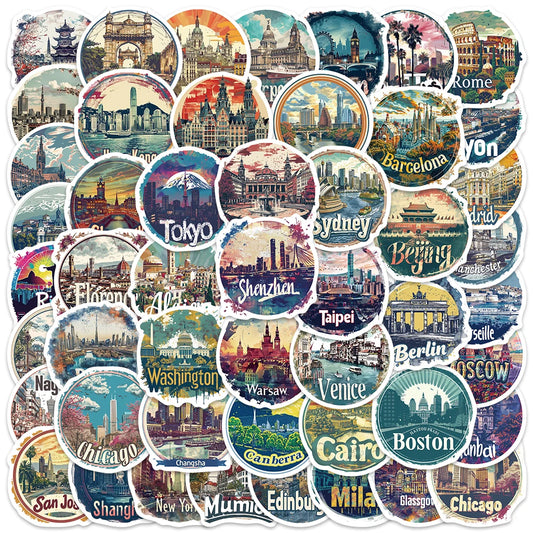 50pcs Aesthetic Cartoon Travel City Landmark Sticker For Laptop Water Bottle Luggage Notebook Waterproof Vinyl Car Decals