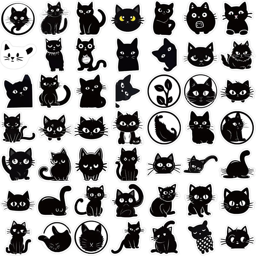 10/30/50PCS Black Cartoon Cat Sticker Kids Toys Waterproof Skateboard Fridge Bike Skateboard Phone Laptop DIY Decorative Decals