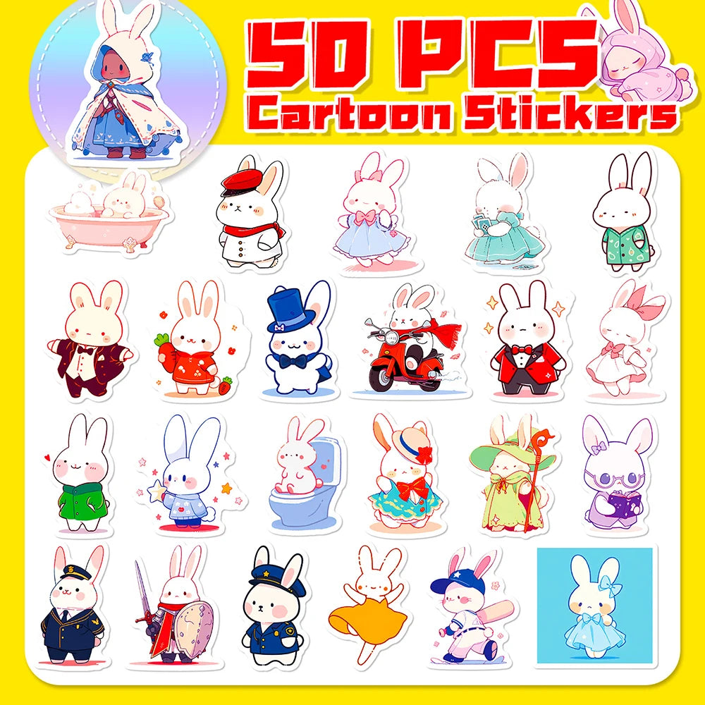 10/30/50PCS Kawaii Rabbit Stickers Cute Cartoon Decals Skateboard Phone Notebook Laptop Fridge Bike Funny Animal Sticker DIY Toy