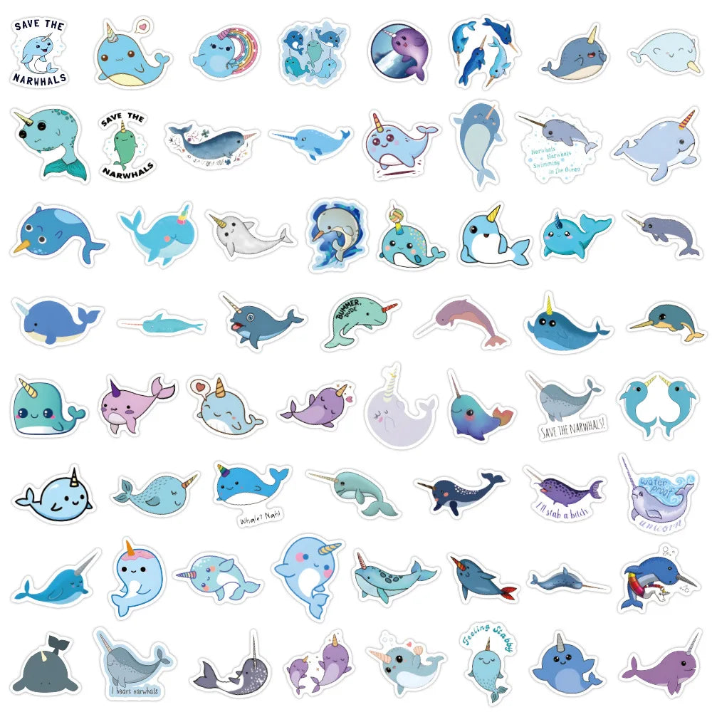 10/30/60PCS Cute Narwhal Stickers Kawaii Marine Organism Decals Cartoon stickers Toy DIY Scrapbook Luggage Guitar Car Bike Toy