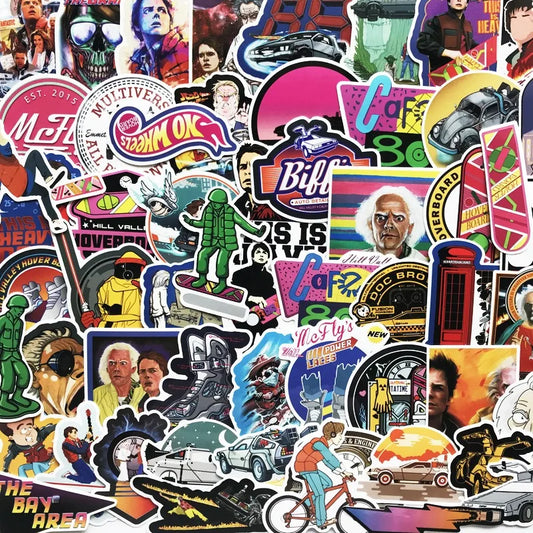 55pcs Back To The Future Sticker Pack for Luggage, Water Bottles, Laptops, Phones, Scooters, and More
